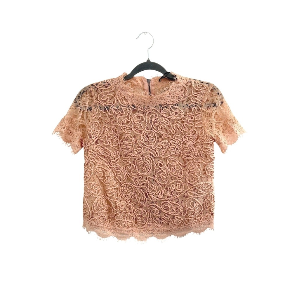 NWT Zara Peach Floral Lace Short Sleeve Mock Neck Crop Top S New - Picture 2 of 9